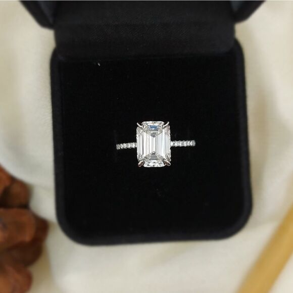 5 Carat Emerald Cut Simulated Diamond Engagement Ring - Picture 5 of 14